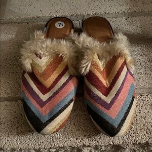 Faux-Fur Lined Chevron Slip-On Mules in Multi-Color